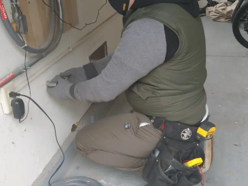 Electrician performing outlet wiring in a Red Hill garage